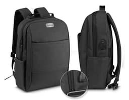 Mochila para notebook preta de couro com alças, zíper metálico e bolsos. Ideal para viagens de negócios ou transporte de