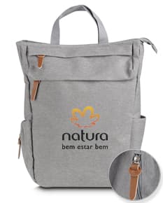 Mochila multifuncional de couro marrom e preto, com alças, zíper, e vários compartimentos. Perfeita para uso pessoal ou de negócios, elegante e moderna, ideal para compras, viagens ou uso diário.