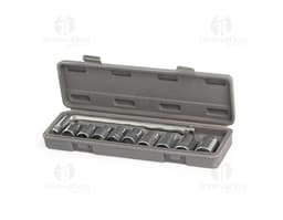 10-Piece tool kit made of metal and plastic, including an adjustable wrench, handle, screwdriver, pliers, screwdrivers