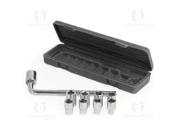 10-Piece tool kit made of metal and plastic, including an adjustable wrench, handle, screwdriver, pliers, screwdrivers