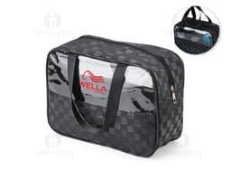 Mala de viagem preta de couro moderna com alça, fecho de zíper e design elegante. Ideal para armazenar cosméticos, produtos