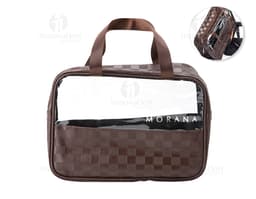 Necessaire PVC Impermeável preta e marrom, com fecho de zíper, alça de mão e design moderno. Objeto elegante e seguro para