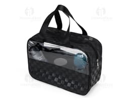 Necessaire PVC Impermeável preta e marrom, com alça de mão e zíper metálico. Design moderno e elegante, ideal para guardar