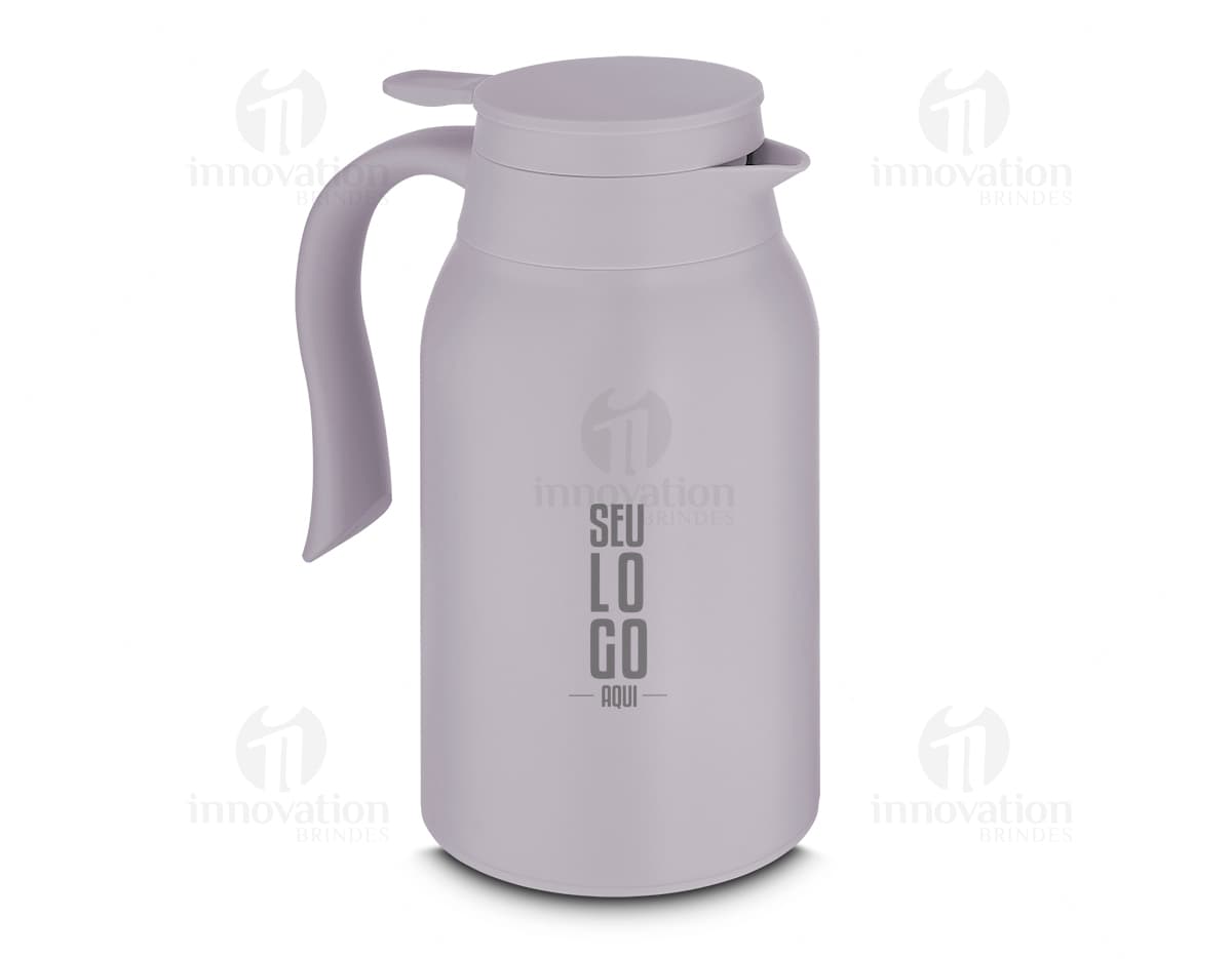 Garrafa térmica transparente de 950ml, feita de plástico, com tampa e alça. Ideal para manter líquidos quentes ou frios por mais tempo.