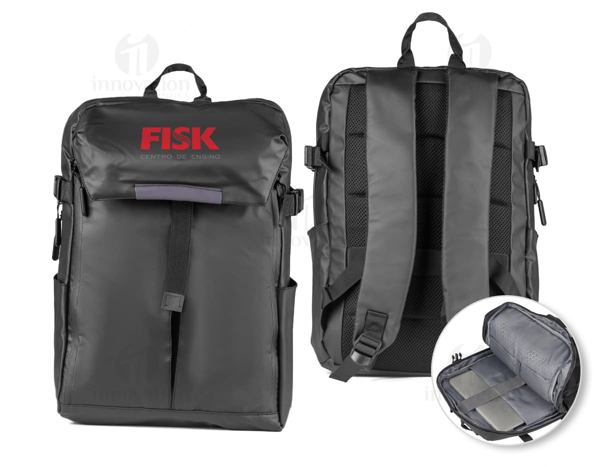 Mochila para notebook de couro preto com alça de mão e zíper, perfeita para viagens de negócios. Elegante e moderna, com compartimento espaçoso e seguro para armazenamento de equipamentos. Ideal para o dia a dia no escritório ou em viagens a trabalho.