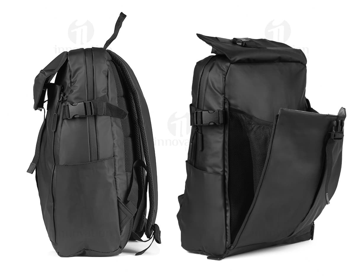 Mochila para Notebook em couro preto, moderna e elegante, ideal para viagens de negócios ou lazer. Com alças ajustáveis e múltiplos compartimentos para armazenamento de equipamentos eletrônicos.