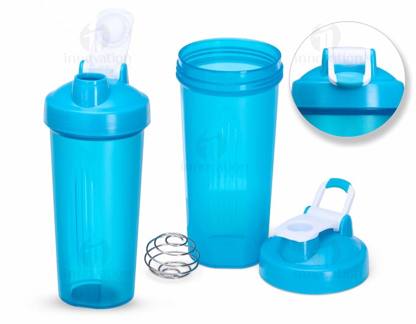 Coqueteleira plástica de 700ml transparente com tampa amarela e design moderno.