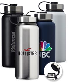 Garrafa térmica de inox de 950ml, objeto com tampa líquido, vaso, etiqueta de saúde, bebida, material feito de vidro, plástico e metal, recipiente transparente e brilhante, válvula de spray, equipamento para cuidados pessoais e higiene, ideal para armazenar líquidos quentes ou frios.