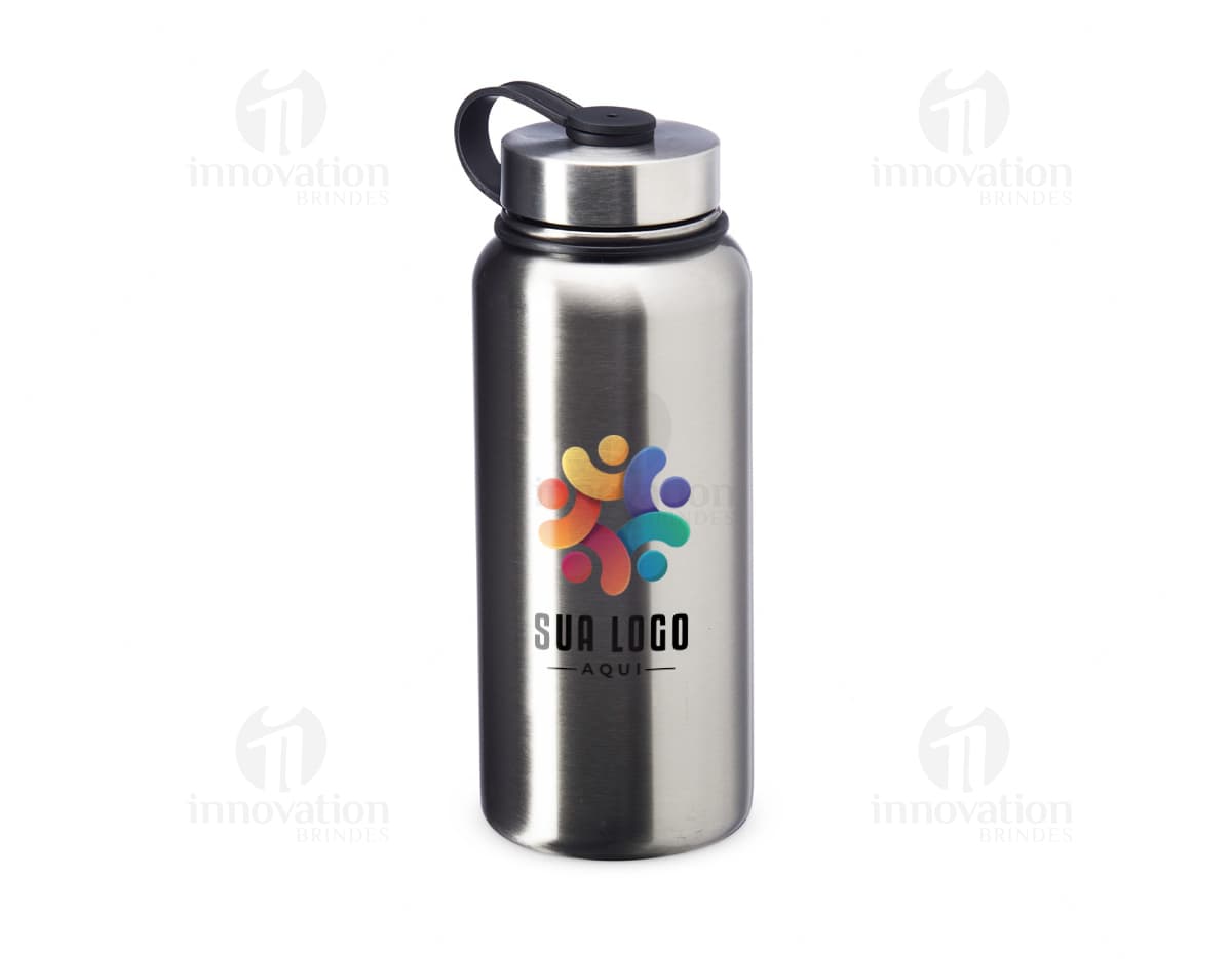 Garrafa térmica de aço inoxidável com capacidade para 950ml, ideal para manter a temperatura da água ou outro líquido. O recipiente possui tampa e design elegante, perfeito para manter a bebida quente ou gelada por mais tempo.
