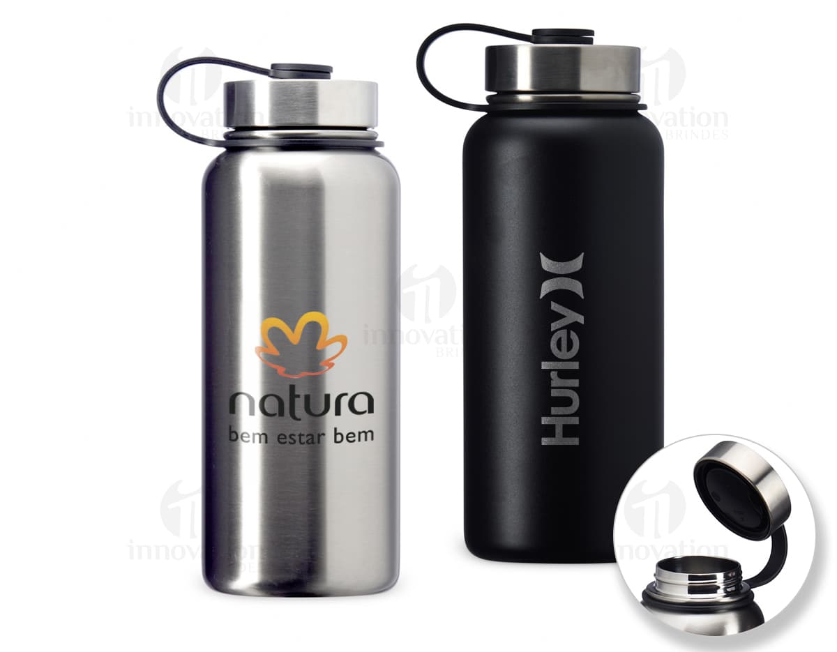Garrafa térmica de inox de 950ml, vazia e brilhante, com tampa de plástico, ideal para armazenar líquidos frescos.