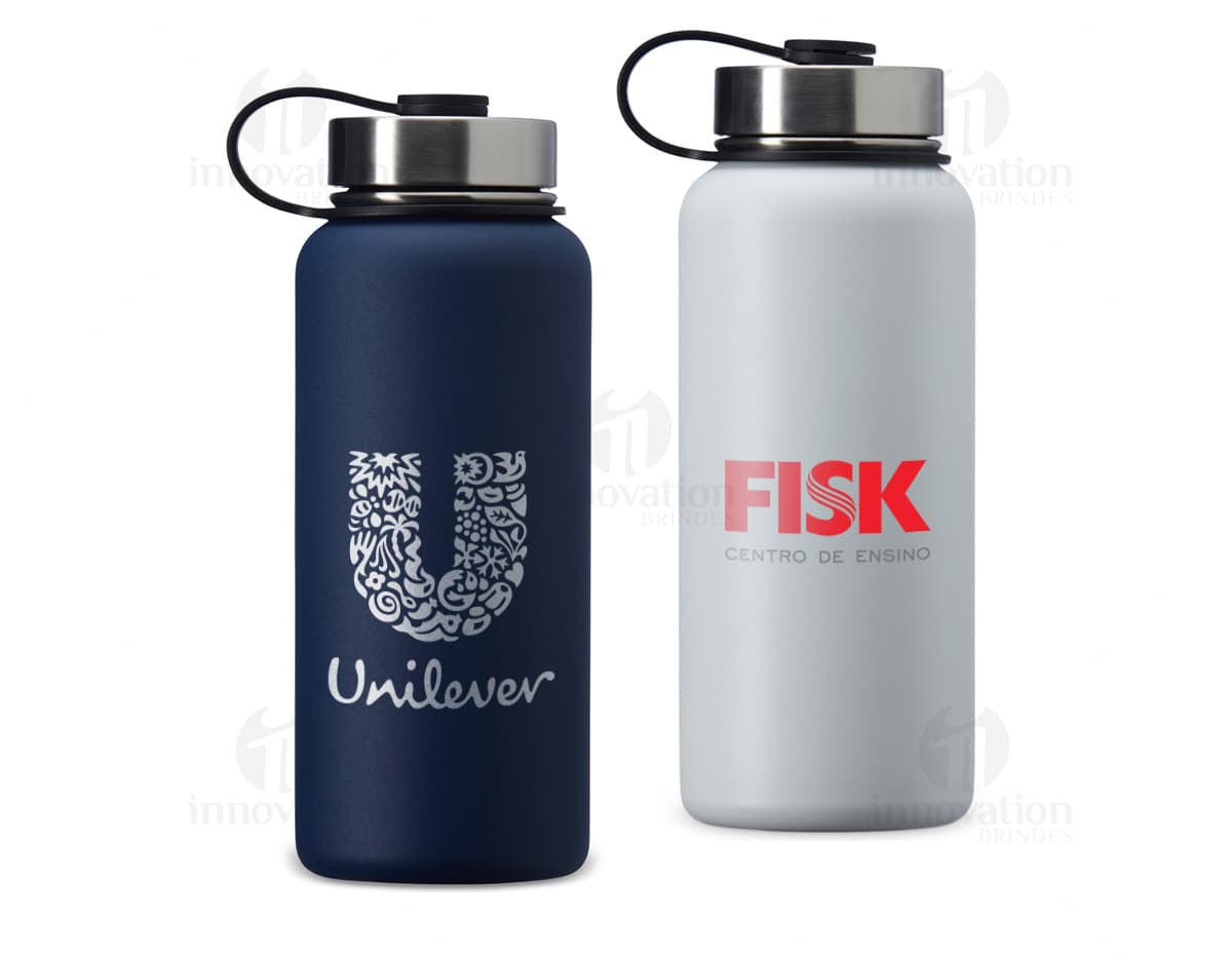 Garrafa térmica Inox 950ml transparente com tampa de metal e design clean, ideal para manter líquidos quentes ou frios por mais tempo.