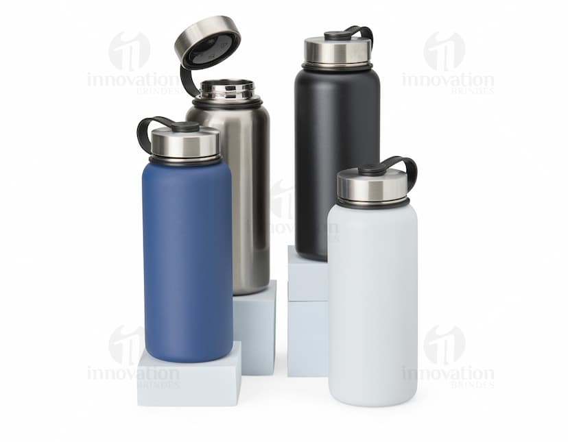 Garrafa térmica de inox com capacidade de 950ml, feita de aço inoxidável. A garrafa é prateada, com design clean e tampa de rosca. Ideal para manter bebidas quentes ou frias por mais tempo.