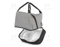 Bolsa térmica de cor preta, feita de couro com alça e zíper. Ideal para armazenar alimentos, mantendo-os frescos por mais