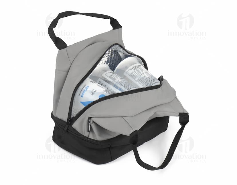 Mochila térmica preta de couro com alça ajustável, moderna e elegante, ideal para transportar alimentos e mantê-los na temperatura ideal.