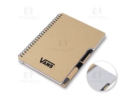 Brown vintage leather notebook with blank pages, pen, and money written on it.