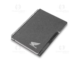 Brown vintage leather notebook with blank pages, pen, and money written on it.