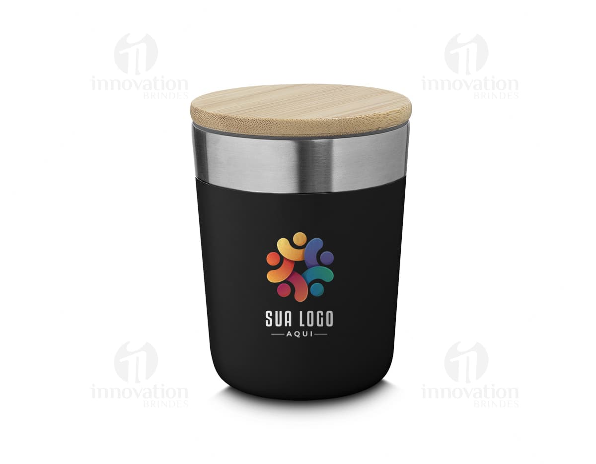 Copo térmico de 300ml em metal, com tampa de plástico e design colorido em amarelo e marrom. O copo está vazio e sobre uma mesa de cozinha, com reflexo visível na superfície.