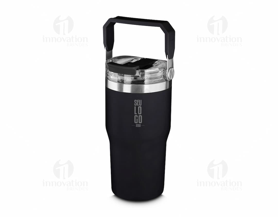 Garrafa Térmica de 650ml em metal prateado, equipamento de indústria com válvula e tecnologia de isolamento térmico. A garrafa é feita de aço inoxidável e tem um visual moderno e brilhante, ideal para manter líquidos quentes ou frios por longos períodos de tempo.