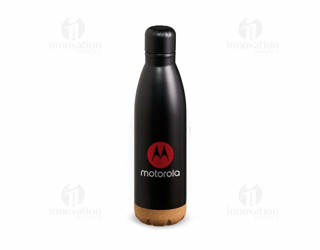 Garrafa térmica de 500ml em aço inoxidável, com design elegante e corpo de cor escura. A garrafa possui tampa e bocal para facilitar o despejo de líquidos, sendo um objeto de luxo e ideal para manter bebidas quentes ou frias por mais tempo.