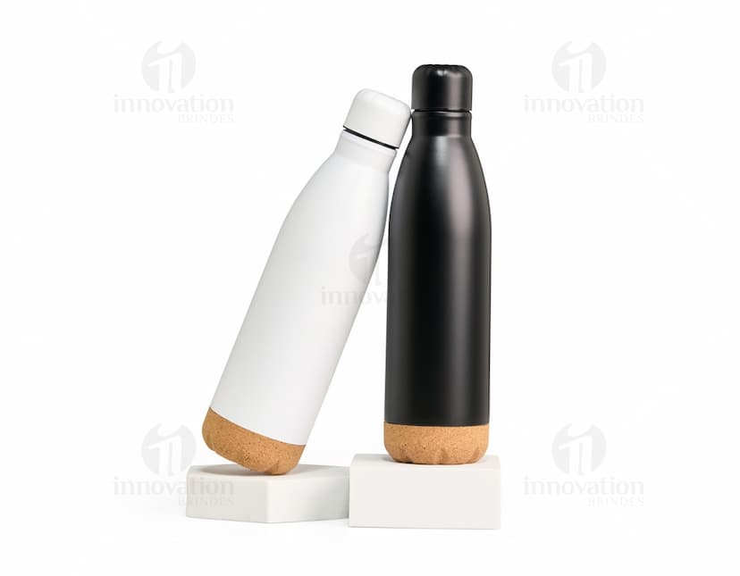 Garrafa térmica de inox de 500ml, com tampa de rosquear e design elegante. A garrafa está fechada e contém líquido transparente dentro. A imagem destaca a qualidade do material, ideal para manter a temperatura de bebidas, como vinho, champagne ou outras bebidas alcoólicas.