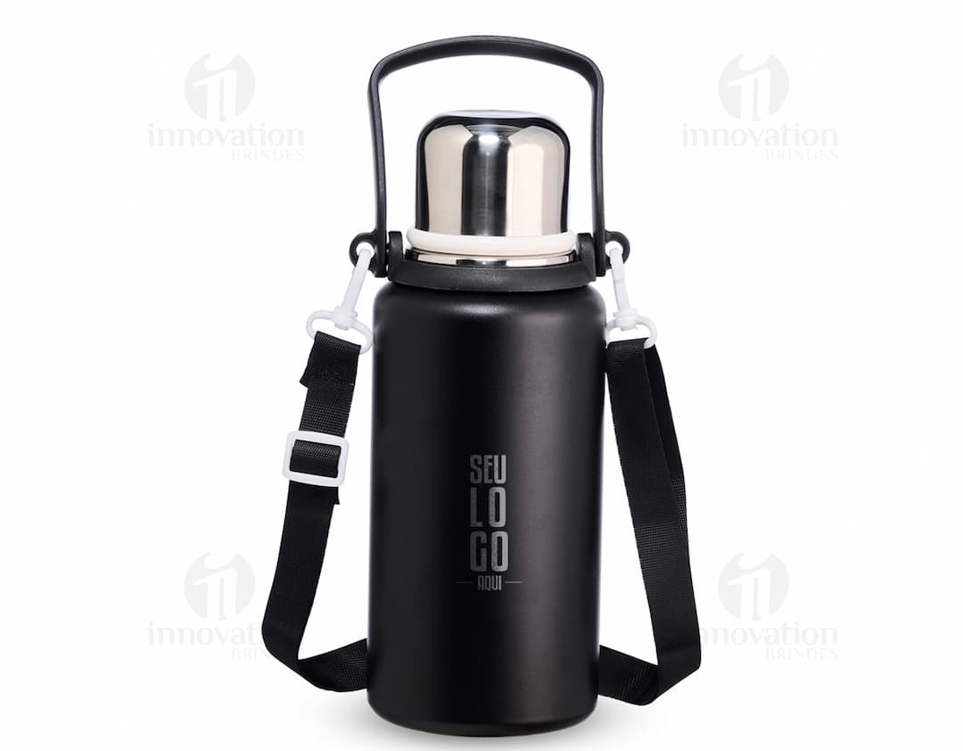 Garrafa térmica de 1 litro com infusor, ilustração em 3D. O objeto é de metal prateado com design de garrafa, contendo líquido. A imagem mostra um ícone de limpeza e automação, com etiqueta de identificação. Design gráfico de um vaso plástico com spray, representando um negócio de equipamento de limpeza.