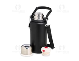 Garrafa Térmica 1 Litro com Infusor em metal prateado, com alça, tampa preta e design moderno. Ideal para manter líquidos