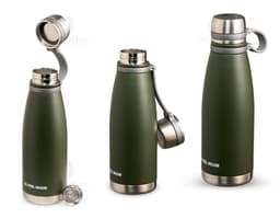 Garrafa térmica de 800ml transparente e brilhante, feita em aço inoxidável, ideal para manter bebidas quentes ou frias.