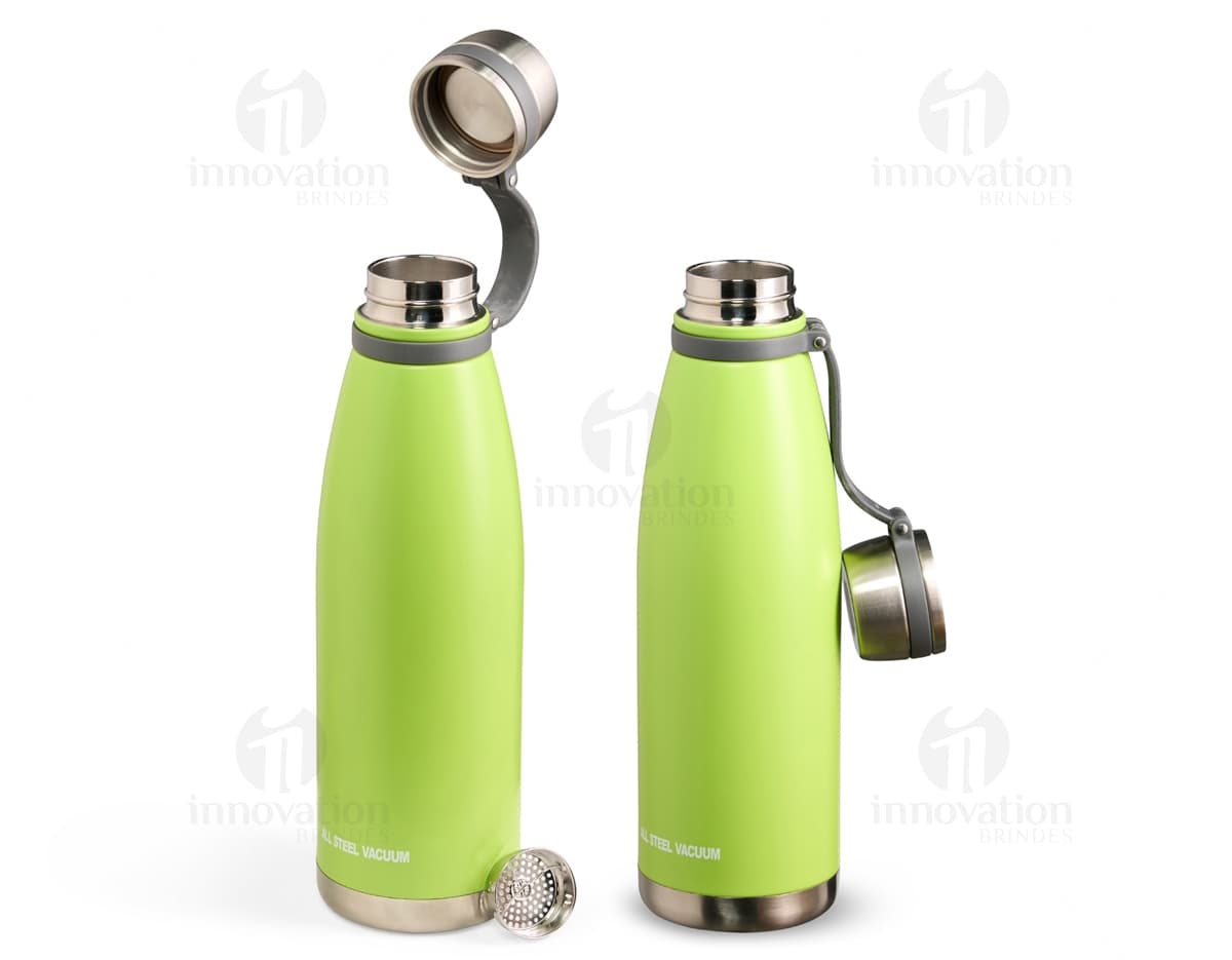 Garrafa térmica de 1,1 litros transparente, com tampa amarela e rótulo marrom. A garrafa está cheia de líquido e é usada para armazenar bebidas quentes ou frias.