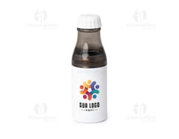 Garrafa plástica de 600ml transparente contendo líquido. A tampa da garrafa é de plástico e o recipiente é de vidro. A