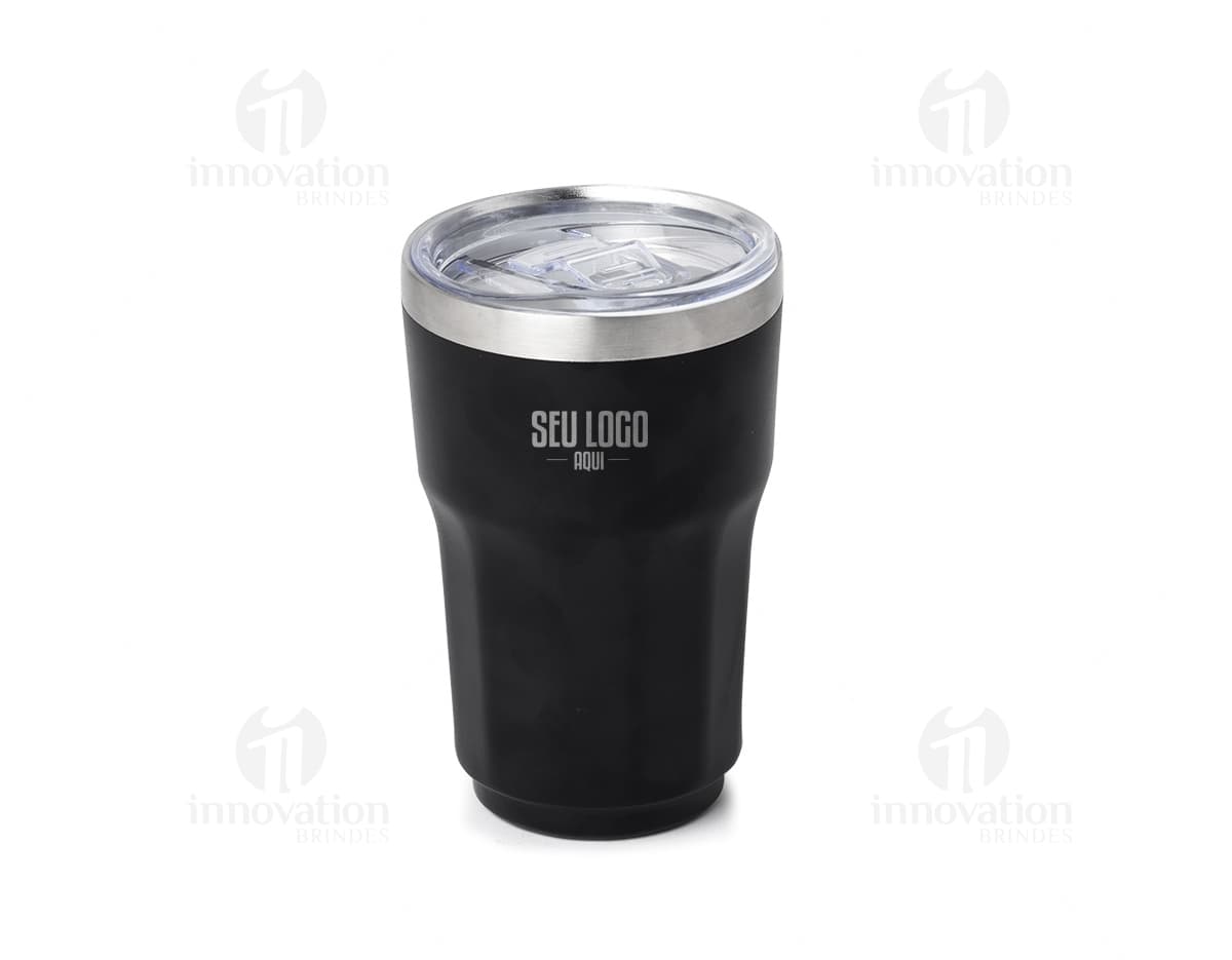 Copo térmico de 300ml em metal prateado e preto com tampa, indicado para bebidas quentes e frias.