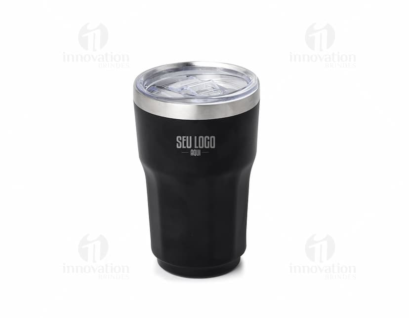 Copo térmico de 300ml em metal prateado e preto com tampa, indicado para bebidas quentes e frias.