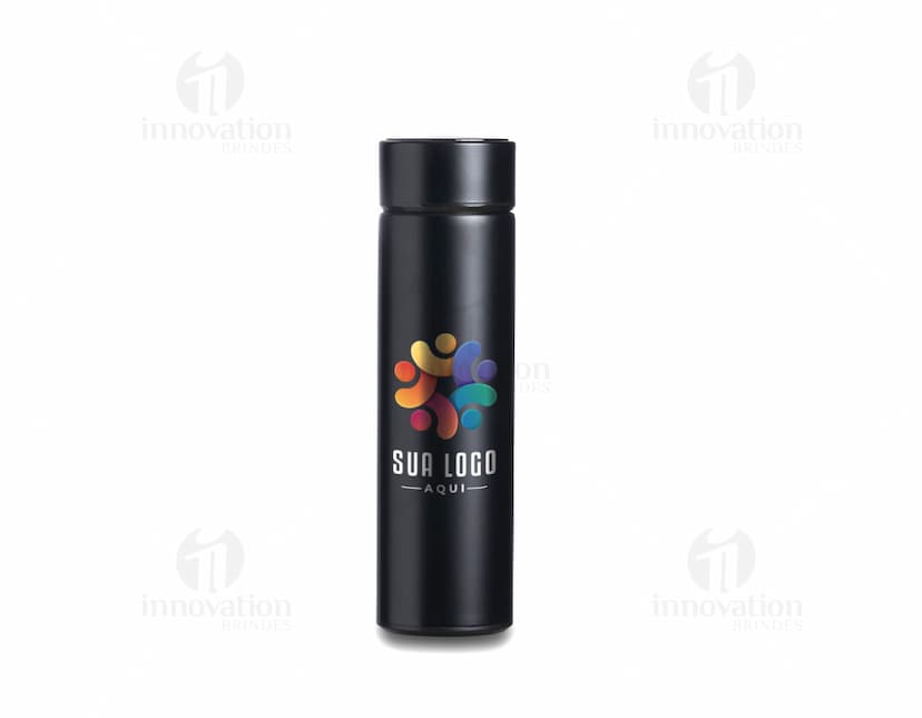 Garrafa térmica de 400ml com display LED em metal prateado, design moderno e brilhante. Ideal para manter sua bebida quente ou fria por mais tempo.