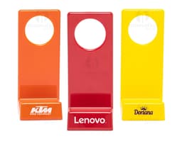 Suporte para Celular em papel em branco com design moderno e iconográfico, ideal para uso em escritórios e lojas. A embalagem