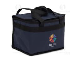 Bolsa térmica de 13 litros em couro preto, ideal para transporte de alimentos e bebidas. Possui alça e zíper, perfeita para