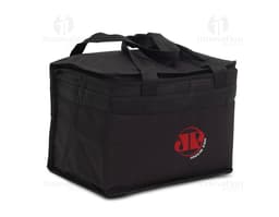 Bolsa térmica de 13 litros em couro preto com detalhes em dourado, perfeita para viagens e armazenamento de alimentos e