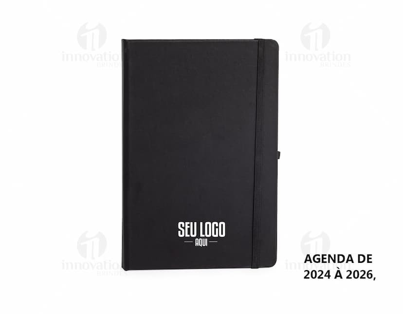 Planner Cromato Anual com capa azul, contendo páginas mensais e semanais com espaço para anotações e planejamento.