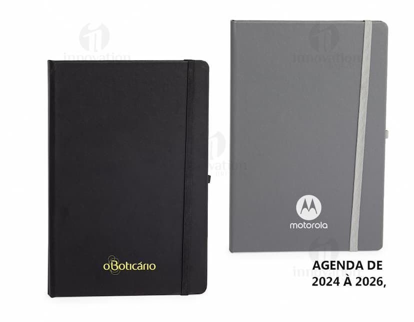 Planner Cromato Anual com capa azul, contendo páginas mensais e semanais com espaço para anotações e planejamento.