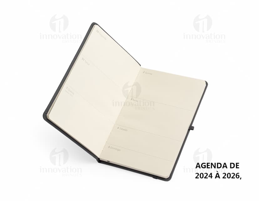 Planner Cromato Anual com capa azul, contendo páginas mensais e semanais com espaço para anotações e planejamento.