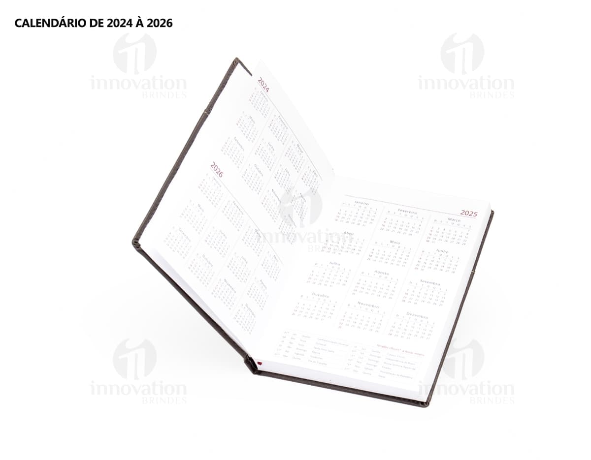 Agenda diária 2025, em couro marrom vintage, com folhas em branco e espaço para documentos, dinheiro e cartões. Objeto de escritório e tecnologia, com design elegante e espaço para armazenamento de informações. A imagem mostra a capa da agenda com textura de couro e detalhes em dourado, representando sucesso e organização financeira.
