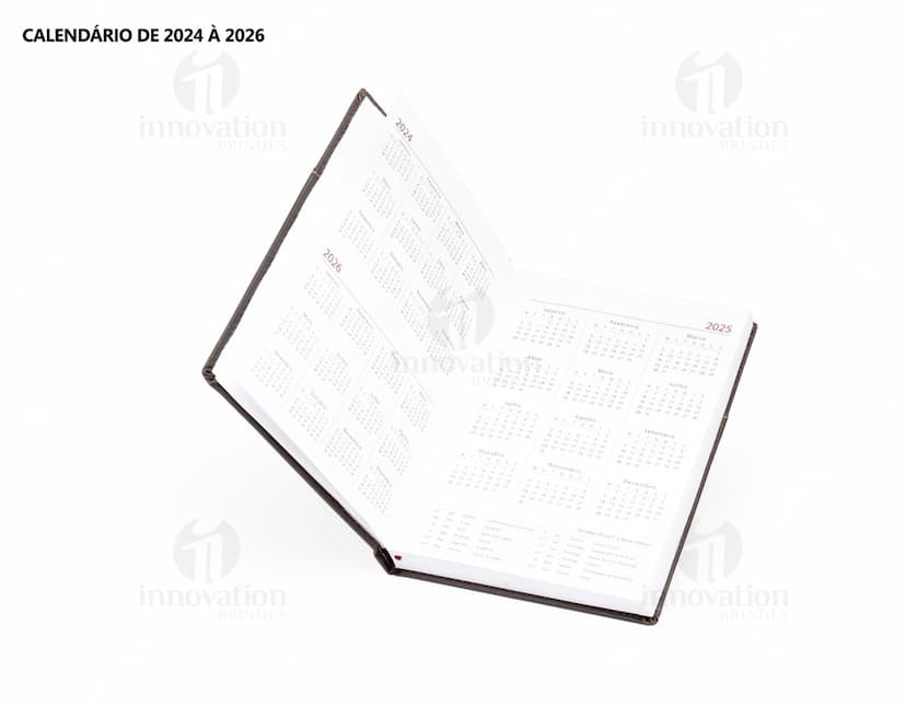 Agenda diária 2025, em couro marrom vintage, com folhas em branco e espaço para documentos, dinheiro e cartões. Objeto de escritório e tecnologia, com design elegante e espaço para armazenamento de informações. A imagem mostra a capa da agenda com textura de couro e detalhes em dourado, representando sucesso e organização financeira.