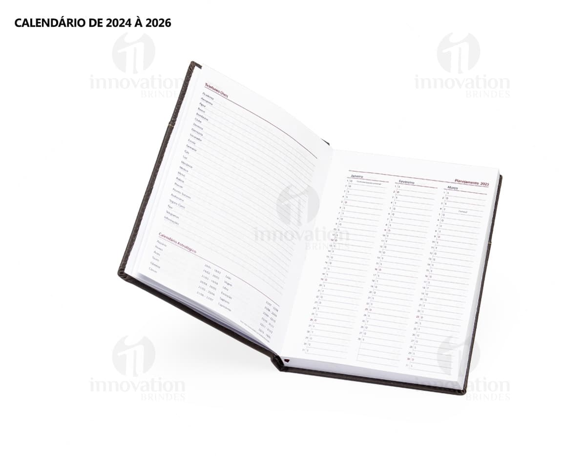 Agenda diária 2025, em couro marrom vintage, com folhas em branco e espaço para documentos, dinheiro e cartões. Objeto de escritório e tecnologia, com design elegante e espaço para armazenamento de informações. A imagem mostra a capa da agenda com textura de couro e detalhes em dourado, representando sucesso e organização financeira.