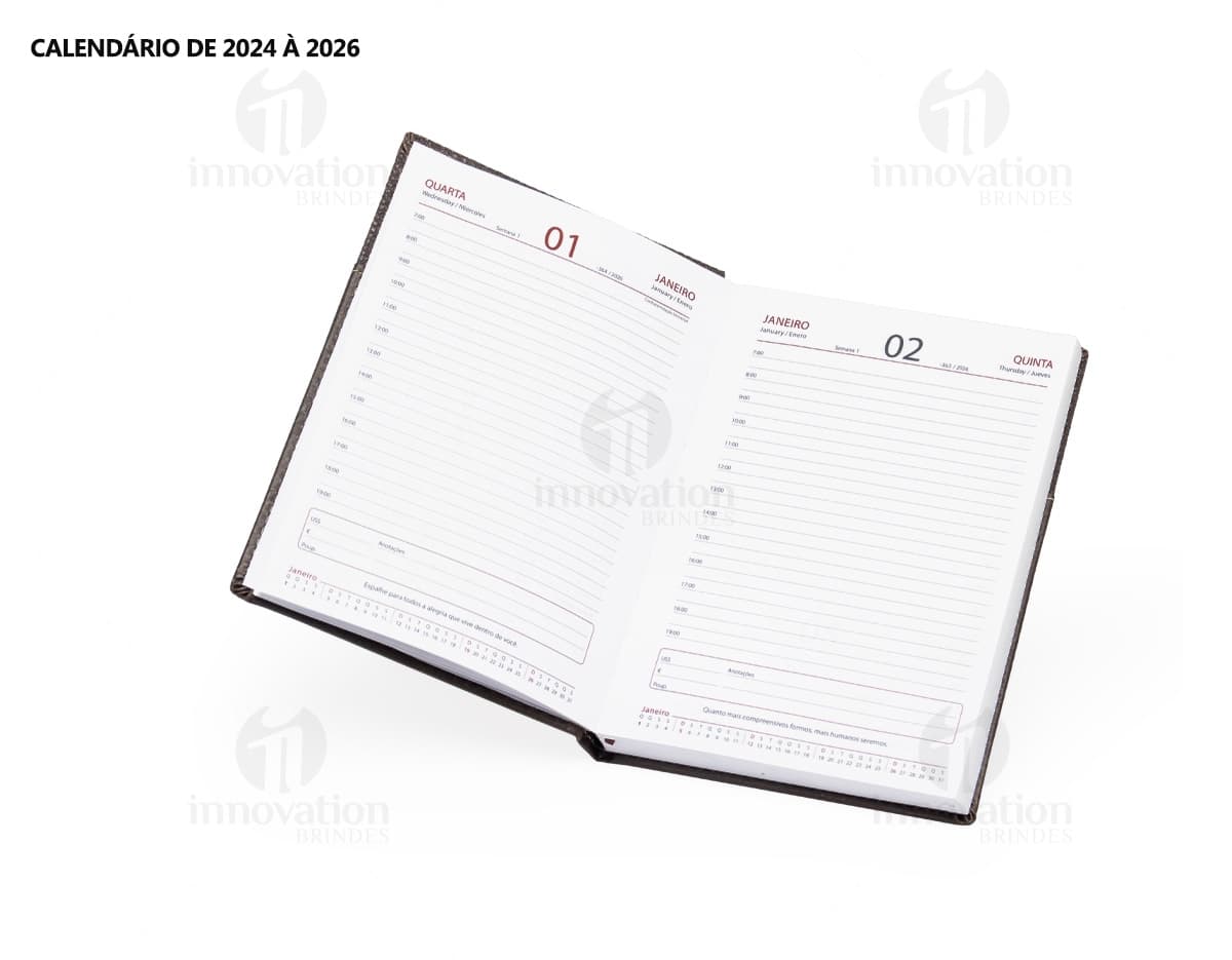 Agenda diária 2025, em couro marrom vintage, com folhas em branco e espaço para documentos, dinheiro e cartões. Objeto de escritório e tecnologia, com design elegante e espaço para armazenamento de informações. A imagem mostra a capa da agenda com textura de couro e detalhes em dourado, representando sucesso e organização financeira.