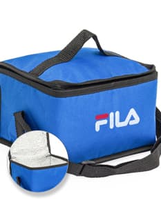 Bolsa térmica de 8 litros em couro preto e marrom, com alça ajustável e detalhes em zíper. Perfeito para manter seus alimentos frescos durante o dia.