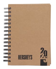 Foto de uma agenda diária para o ano de 2025, com capa marrom e textura de papel antigo. A agenda possui espiral, páginas em branco, listras amarelas e detalhes vintage. No fundo, um quadro antigo e desgastado complementa a composição.