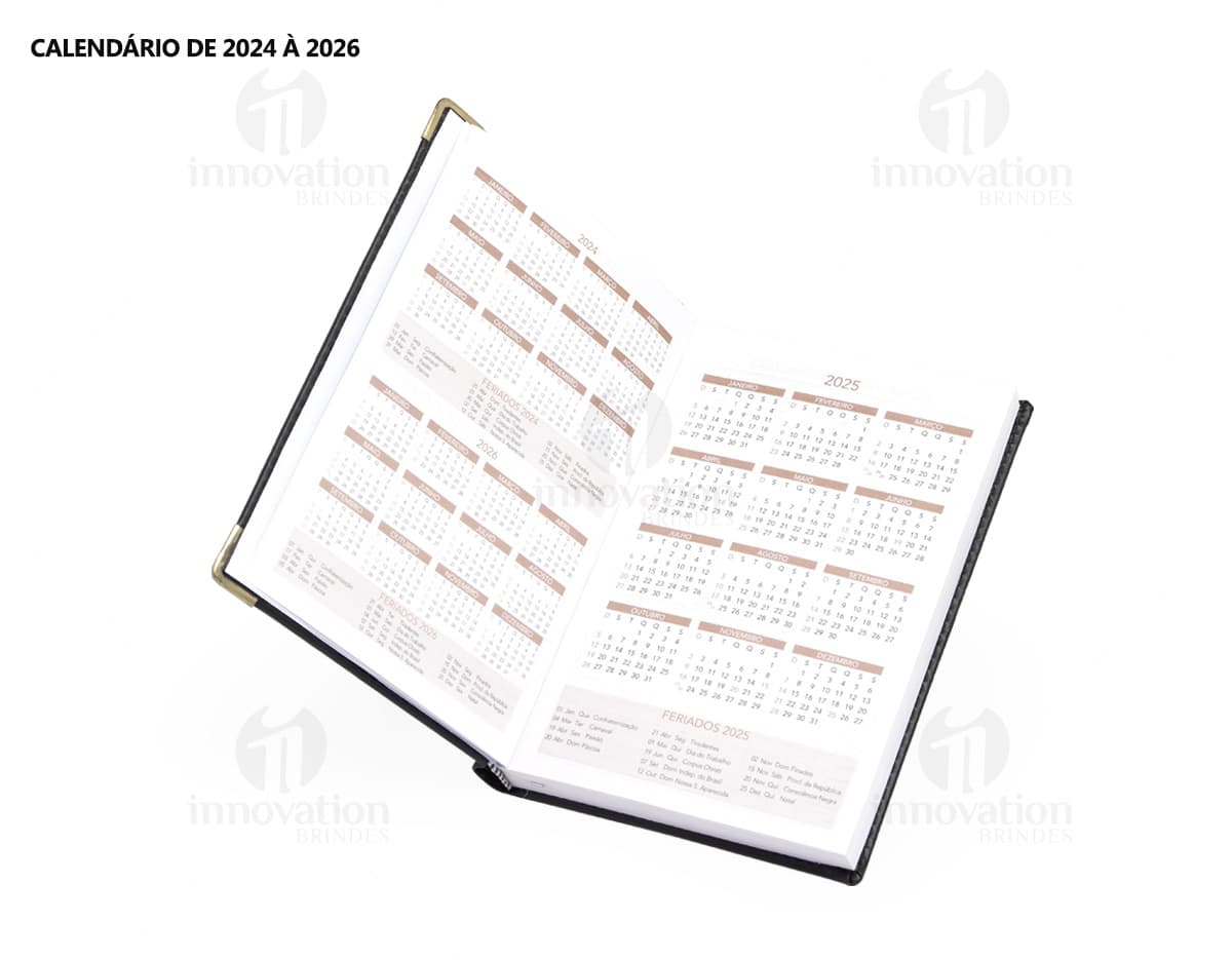 Agenda Diária 2025 em couro marrom com detalhes em metal, espaço em branco para anotações.