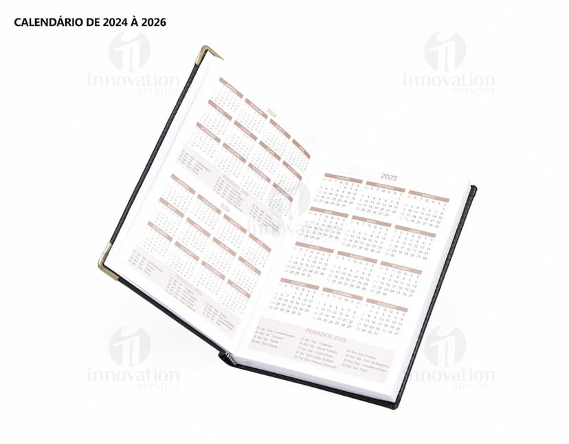 Agenda Diária 2025 em couro marrom com detalhes em metal, espaço em branco para anotações.