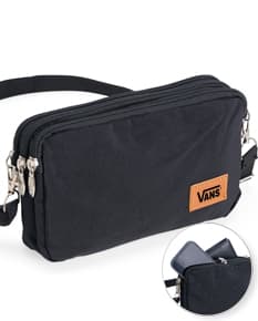 Mini Bolsa Transversal de Nylon preta, ideal para viagens e negócios. Possui alça ajustável, fecho em zíper e design moderno e elegante. Ótima opção para transporte de dinheiro e objetos pessoais com segurança.