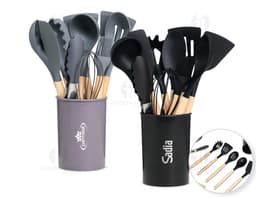 12-Piece Kitchen Utensil Set, including a shopper, spatula, spoon, fork, knife, among others. The colorful and bright design