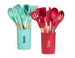 12-Piece Kitchen Utensil Set, including a shopper, spatula, spoon, fork, knife, among others. The colorful and bright design
