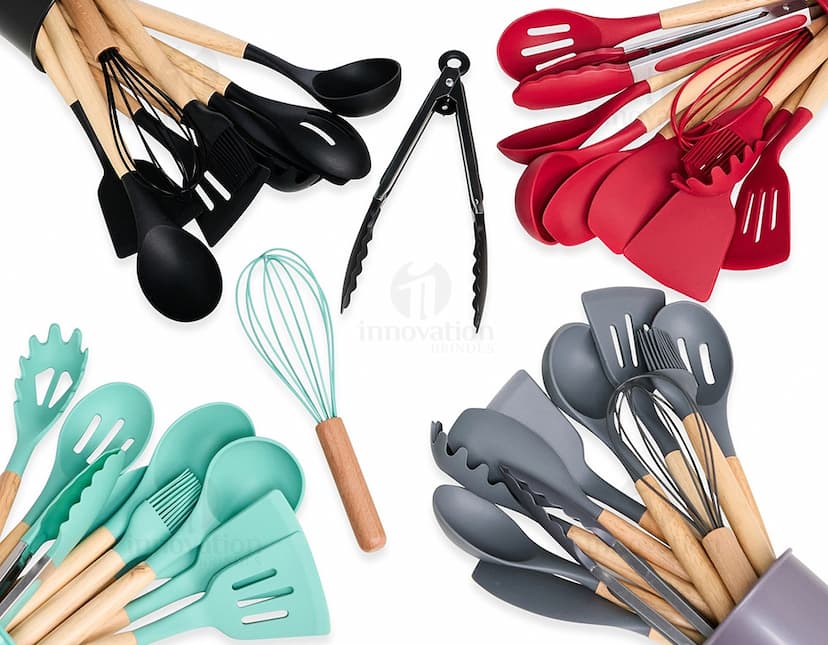 Kit de Utensílios de Cozinha com 12 peças, incluindo shopper, espátula, colher, garfo, faca, entre outros. O design colorido e brilhante é perfeito para festas e celebrações, além de ser um ótimo presente para chefs e entusiastas da culinária. Ideal para uso em restaurantes, escritórios ou em casa.